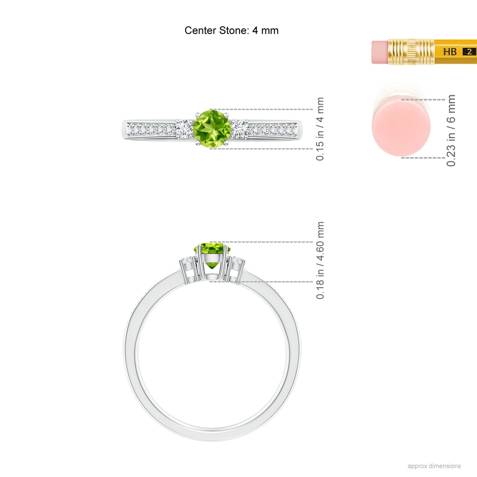 4mm AAA Classic Three Stone Peridot and Diamond Ring in White Gold ruler