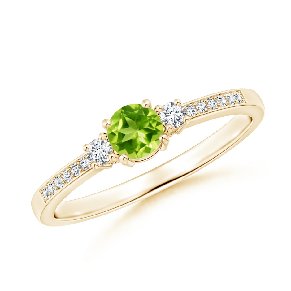 4mm AAA Classic Three Stone Peridot and Diamond Ring in Yellow Gold 
