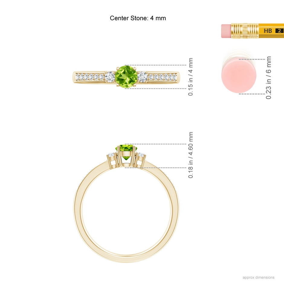 4mm AAA Classic Three Stone Peridot and Diamond Ring in Yellow Gold ruler