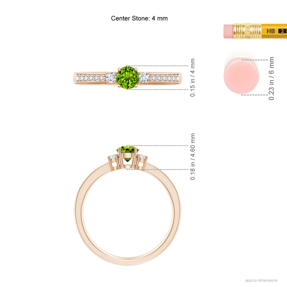 4mm AAAA Classic Three Stone Peridot and Diamond Ring in Rose Gold ruler