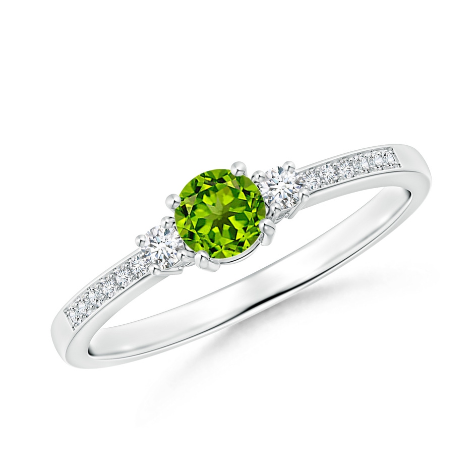 4mm AAAA Classic Three Stone Peridot and Diamond Ring in White Gold 