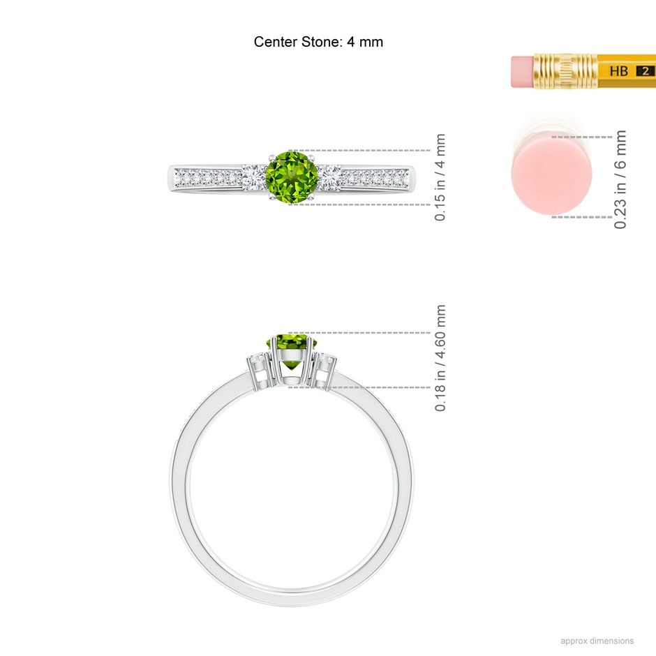 4mm AAAA Classic Three Stone Peridot and Diamond Ring in White Gold ruler