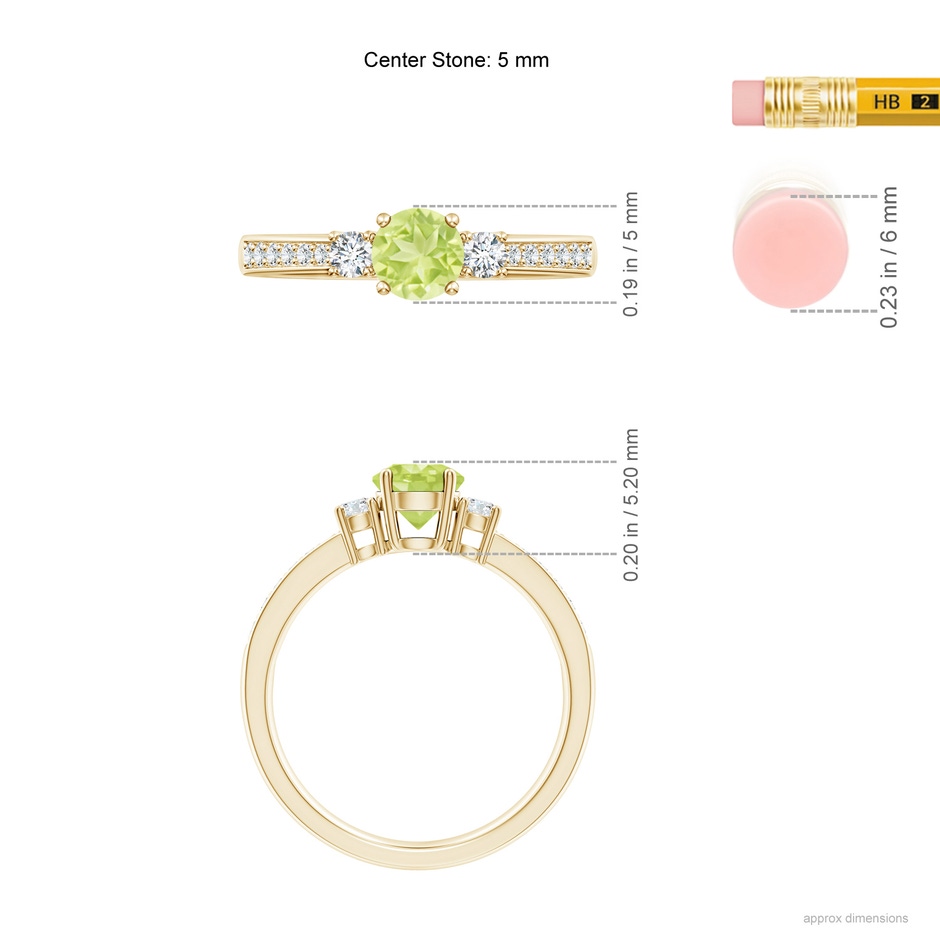 5mm A Classic Three Stone Peridot and Diamond Ring in Yellow Gold ruler