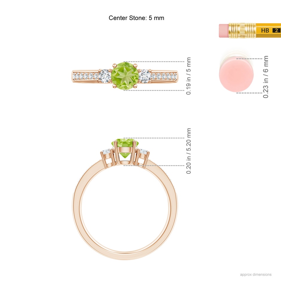 5mm AA Classic Three Stone Peridot and Diamond Ring in Rose Gold ruler