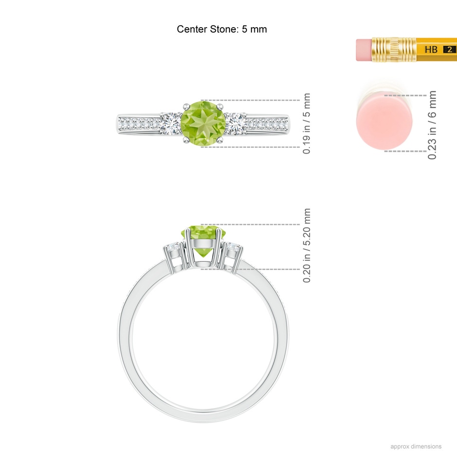 5mm AA Classic Three Stone Peridot and Diamond Ring in White Gold ruler