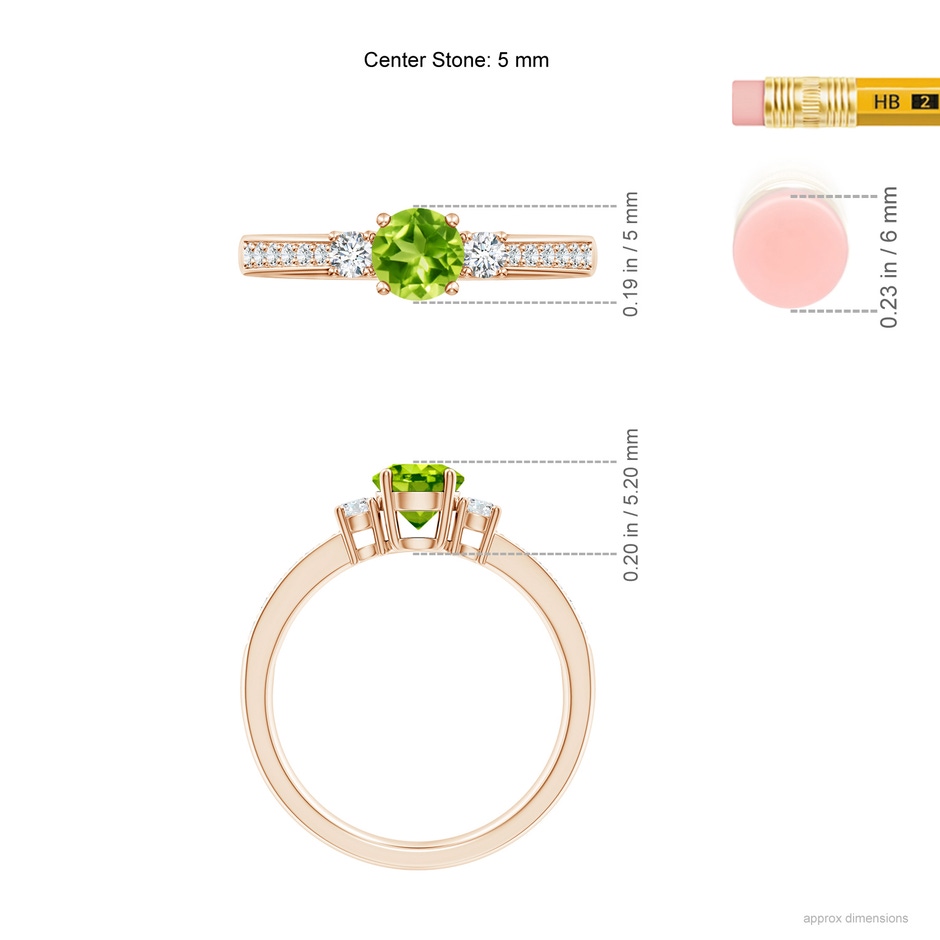 5mm AAA Classic Three Stone Peridot and Diamond Ring in Rose Gold ruler