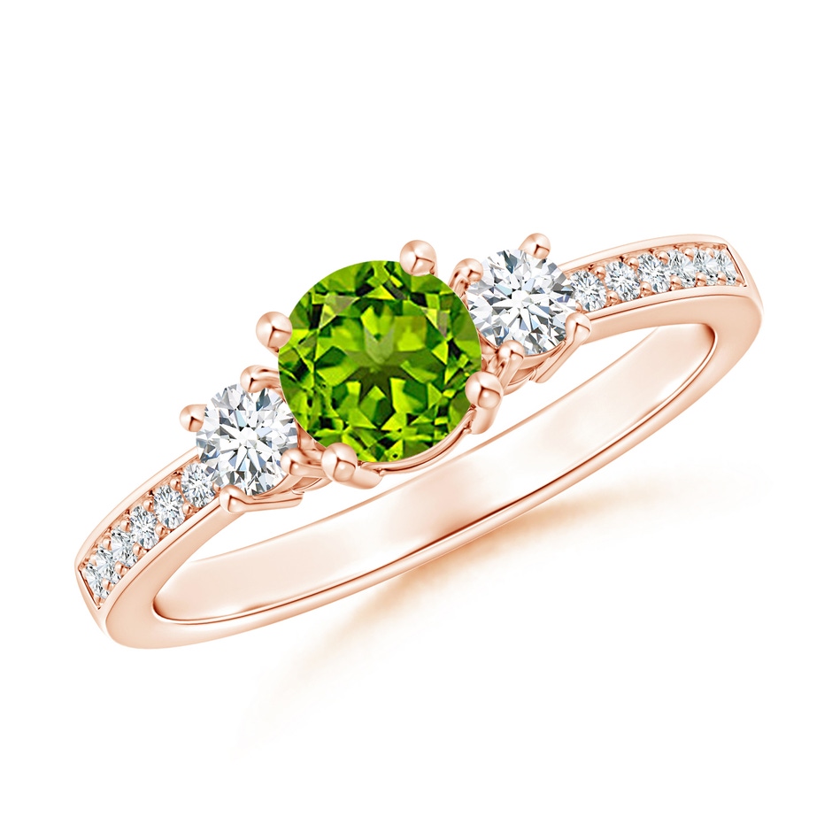 5mm AAAA Classic Three Stone Peridot and Diamond Ring in Rose Gold 