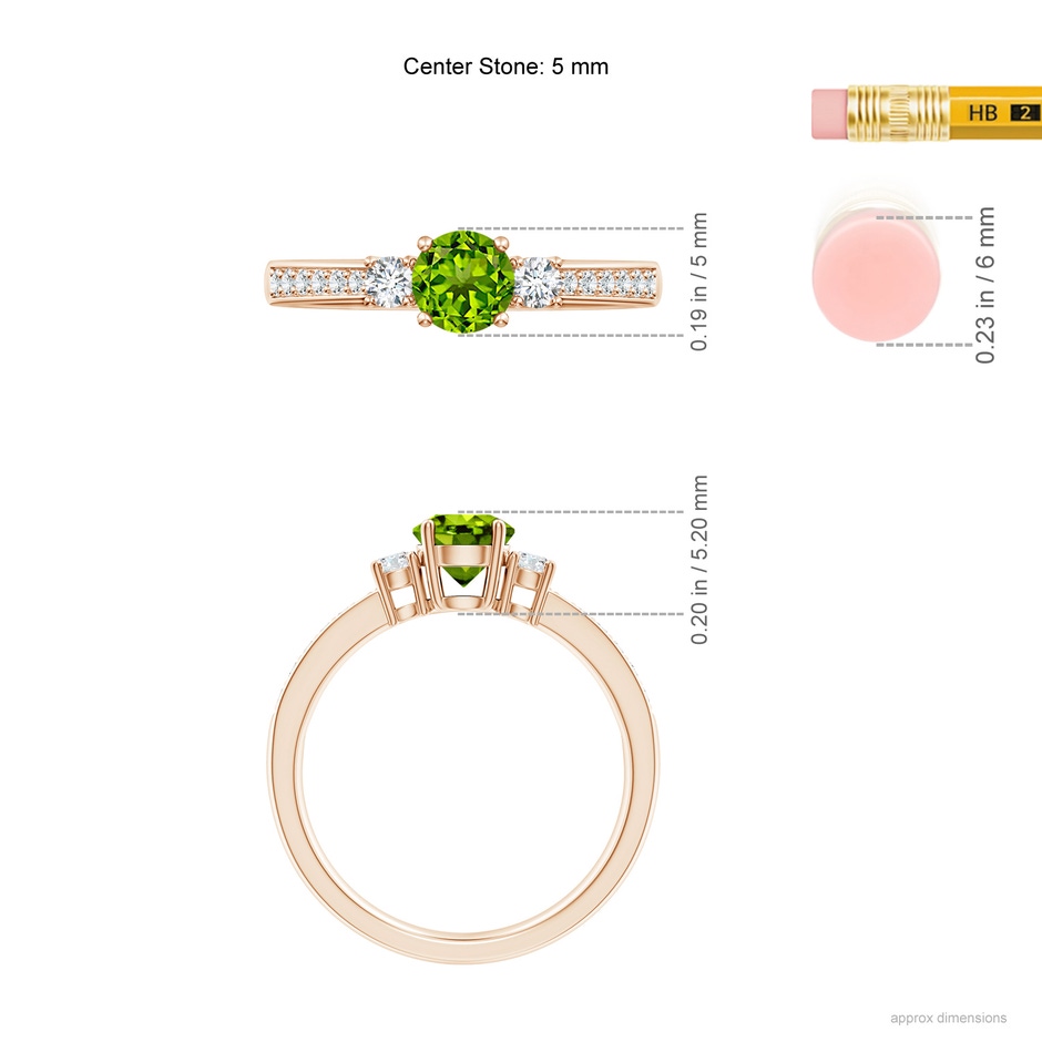 5mm AAAA Classic Three Stone Peridot and Diamond Ring in Rose Gold ruler