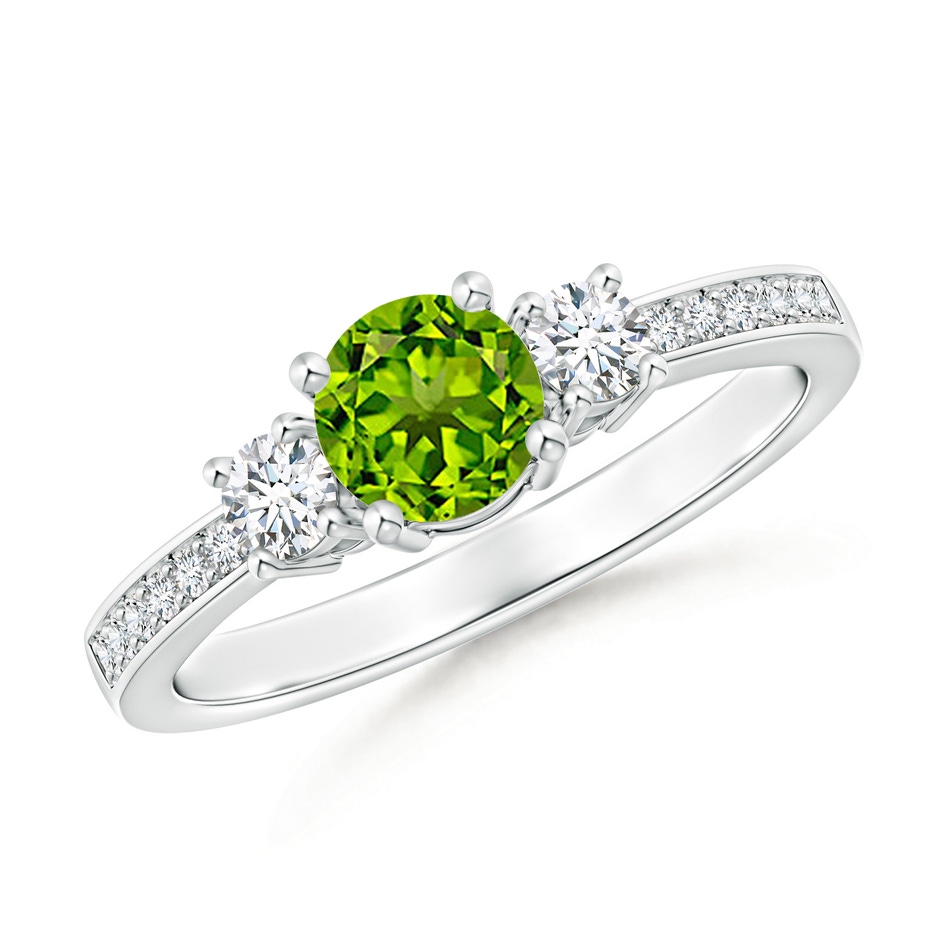 5mm AAAA Classic Three Stone Peridot and Diamond Ring in White Gold 