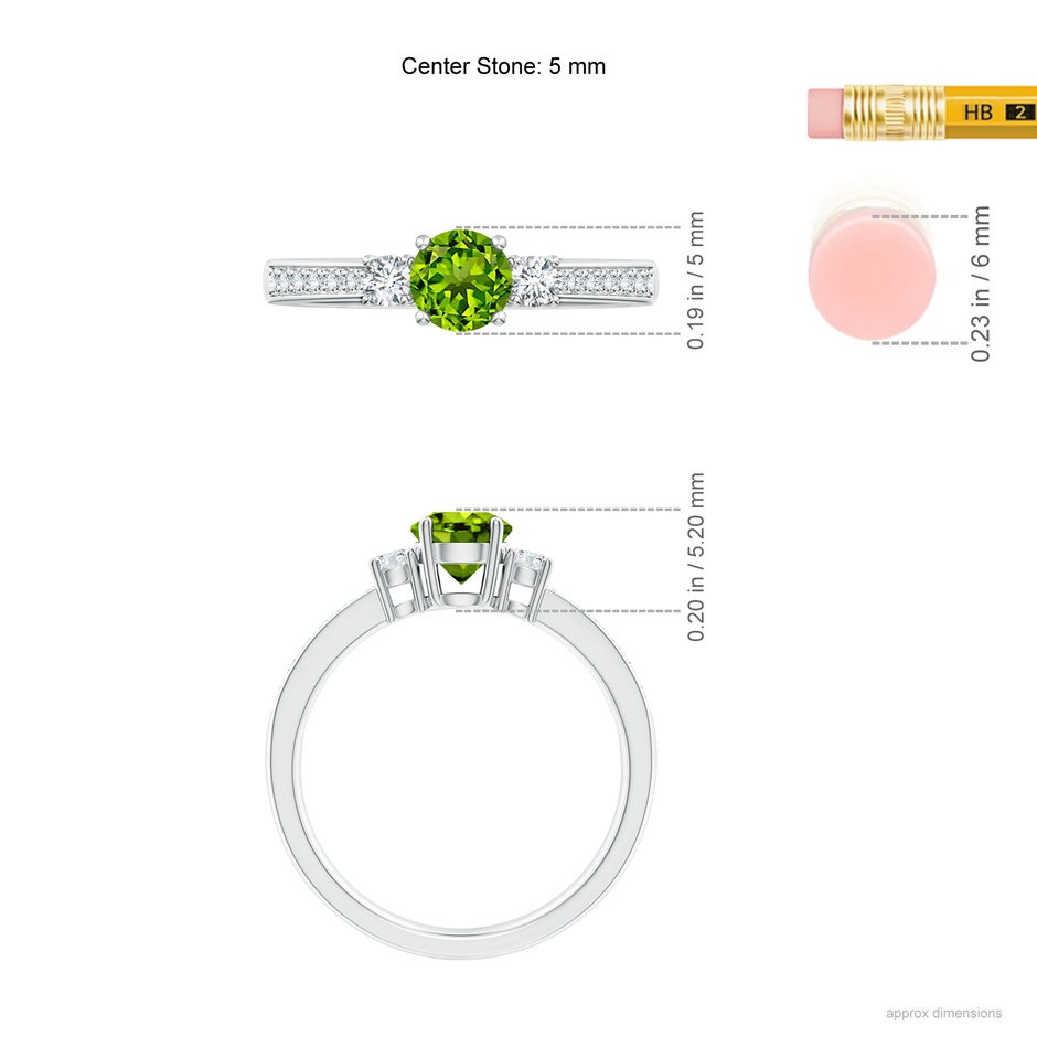 5mm AAAA Classic Three Stone Peridot and Diamond Ring in White Gold ruler