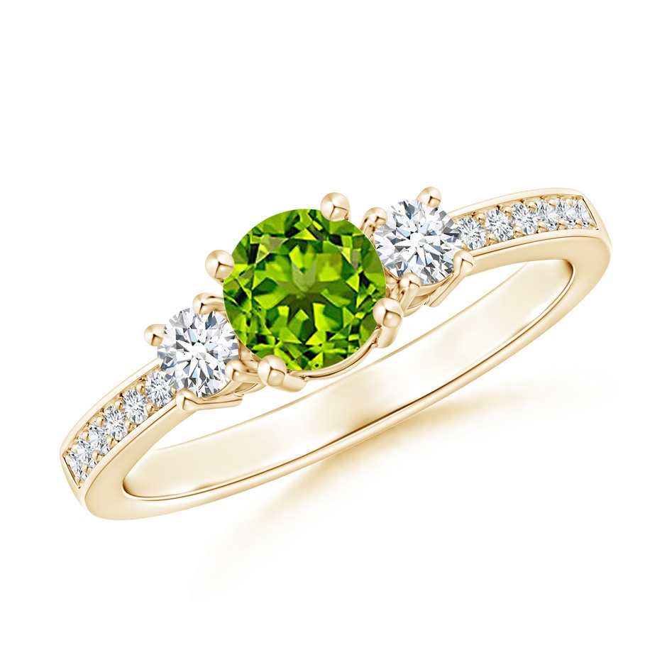 5mm AAAA Classic Three Stone Peridot and Diamond Ring in Yellow Gold 