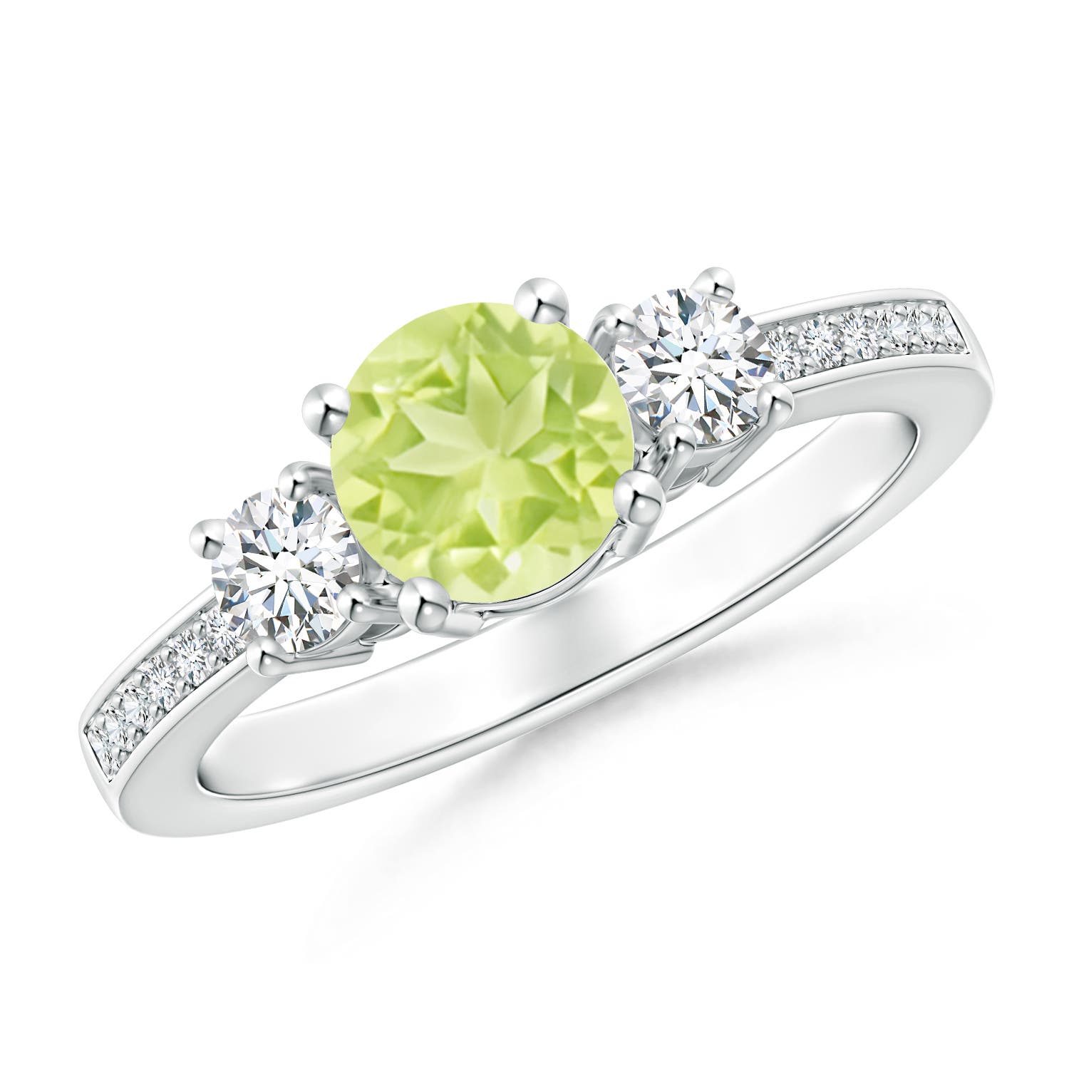 6mm A Classic Three Stone Peridot and Diamond Ring in P950 Platinum