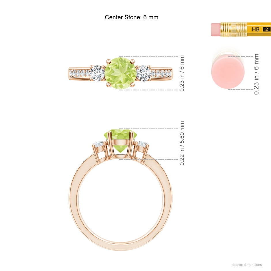 6mm A Classic Three Stone Peridot and Diamond Ring in Rose Gold ruler