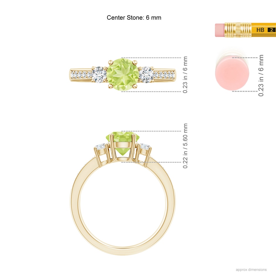 6mm A Classic Three Stone Peridot and Diamond Ring in Yellow Gold ruler