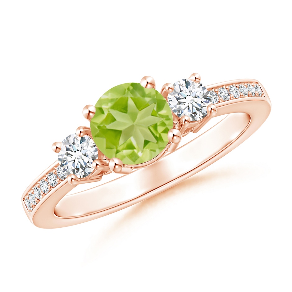 6mm AA Classic Three Stone Peridot and Diamond Ring in Rose Gold 