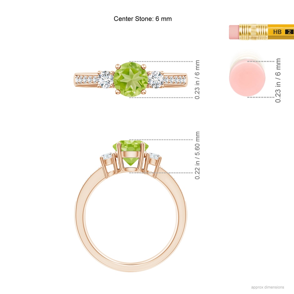 6mm AA Classic Three Stone Peridot and Diamond Ring in Rose Gold ruler