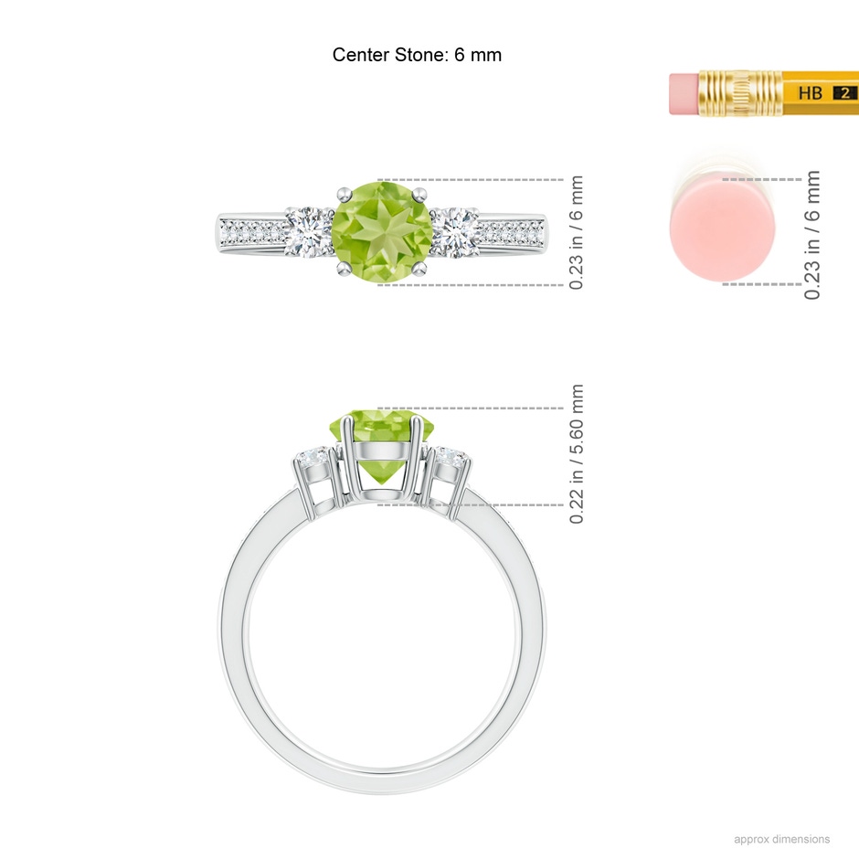 6mm AA Classic Three Stone Peridot and Diamond Ring in White Gold ruler