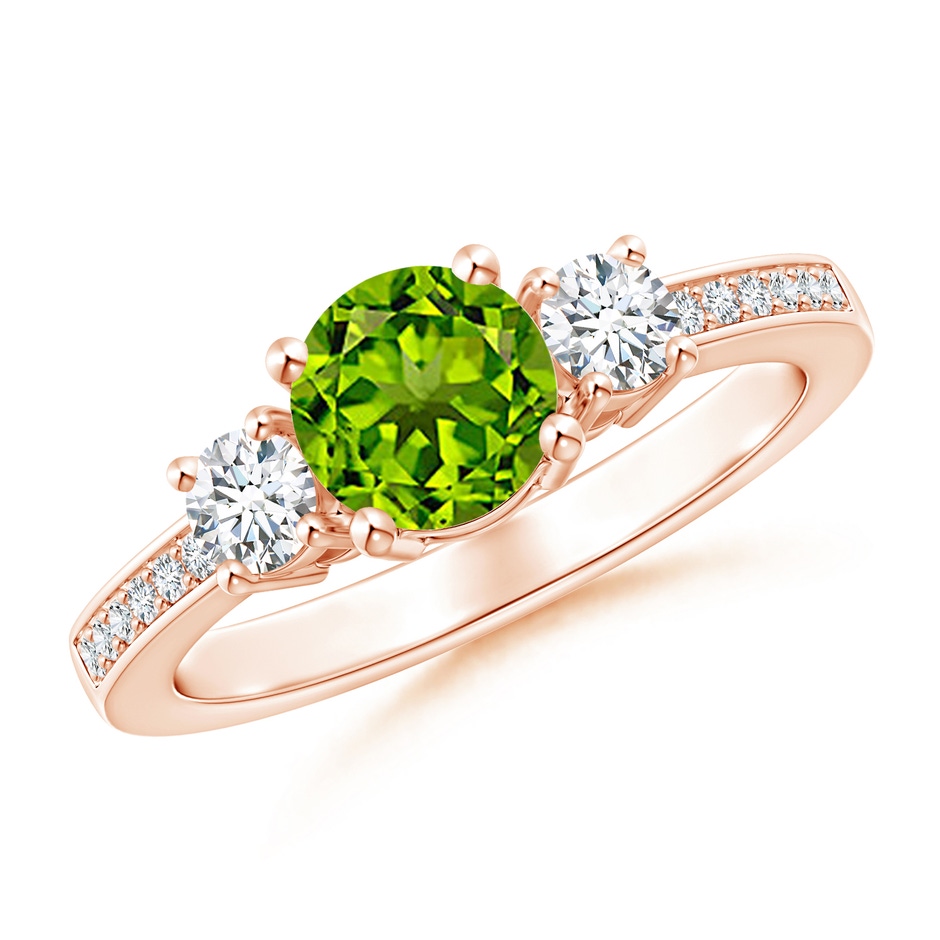 6mm AAAA Classic Three Stone Peridot and Diamond Ring in Rose Gold 