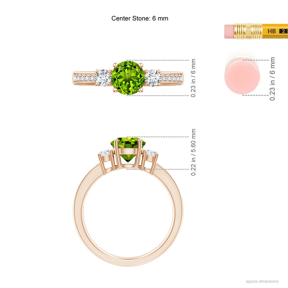 6mm AAAA Classic Three Stone Peridot and Diamond Ring in Rose Gold ruler
