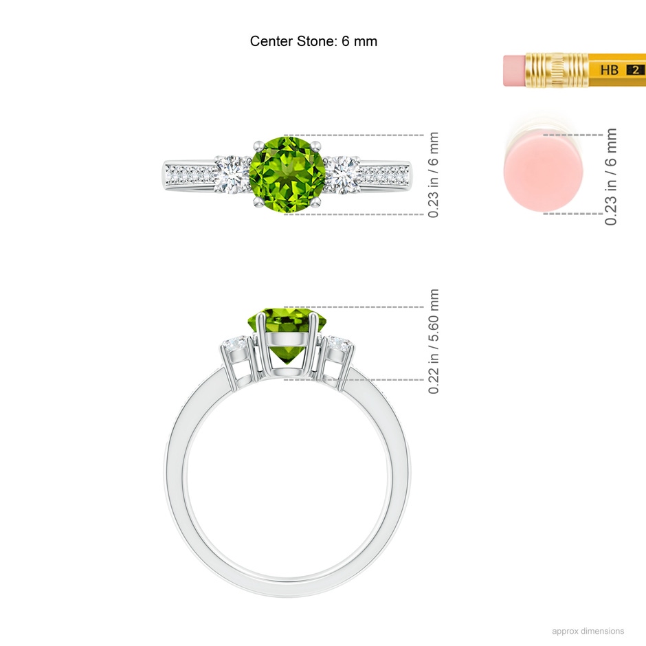 6mm AAAA Classic Three Stone Peridot and Diamond Ring in White Gold ruler