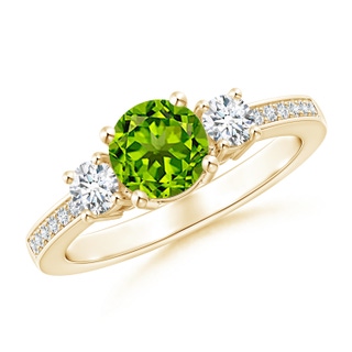 6mm AAAA Classic Three Stone Peridot and Diamond Ring in Yellow Gold