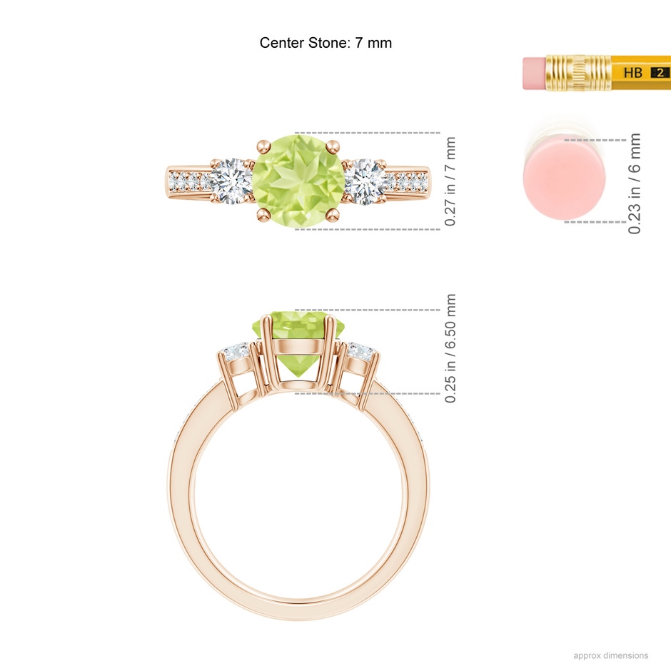 7mm A Classic Three Stone Peridot and Diamond Ring in Rose Gold ruler