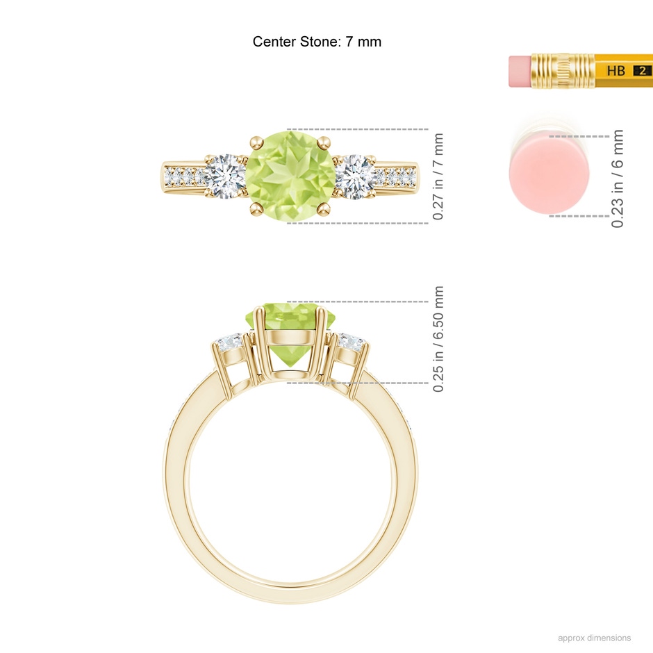 7mm A Classic Three Stone Peridot and Diamond Ring in Yellow Gold ruler