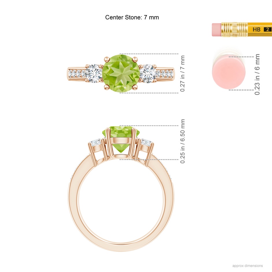 7mm AA Classic Three Stone Peridot and Diamond Ring in Rose Gold ruler