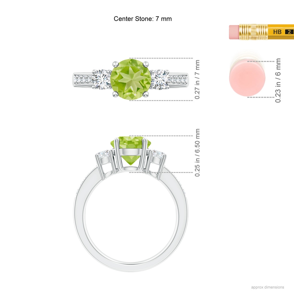 7mm AA Classic Three Stone Peridot and Diamond Ring in White Gold ruler
