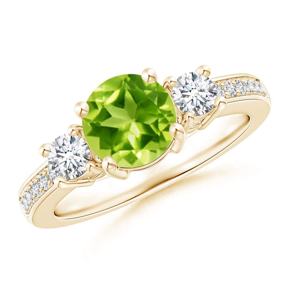 7mm AAA Classic Three Stone Peridot and Diamond Ring in Yellow Gold 