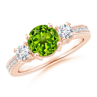 7mm AAAA Classic Three Stone Peridot and Diamond Ring in Rose Gold