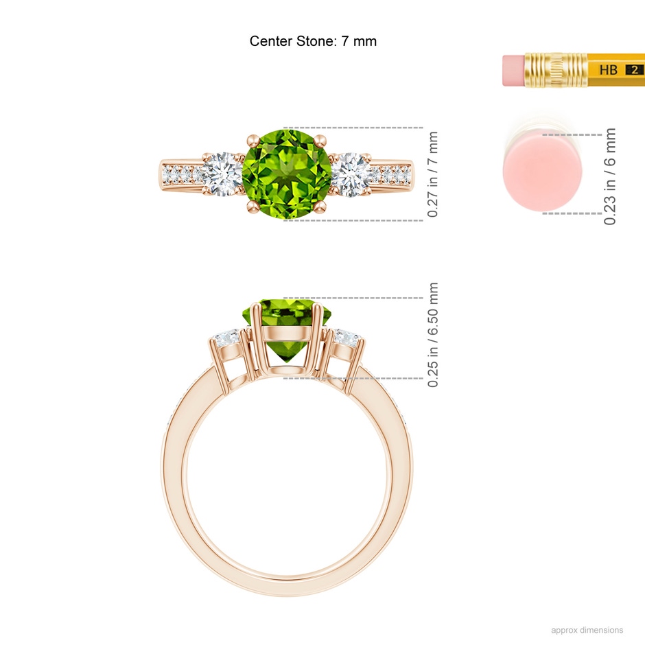 7mm AAAA Classic Three Stone Peridot and Diamond Ring in Rose Gold ruler