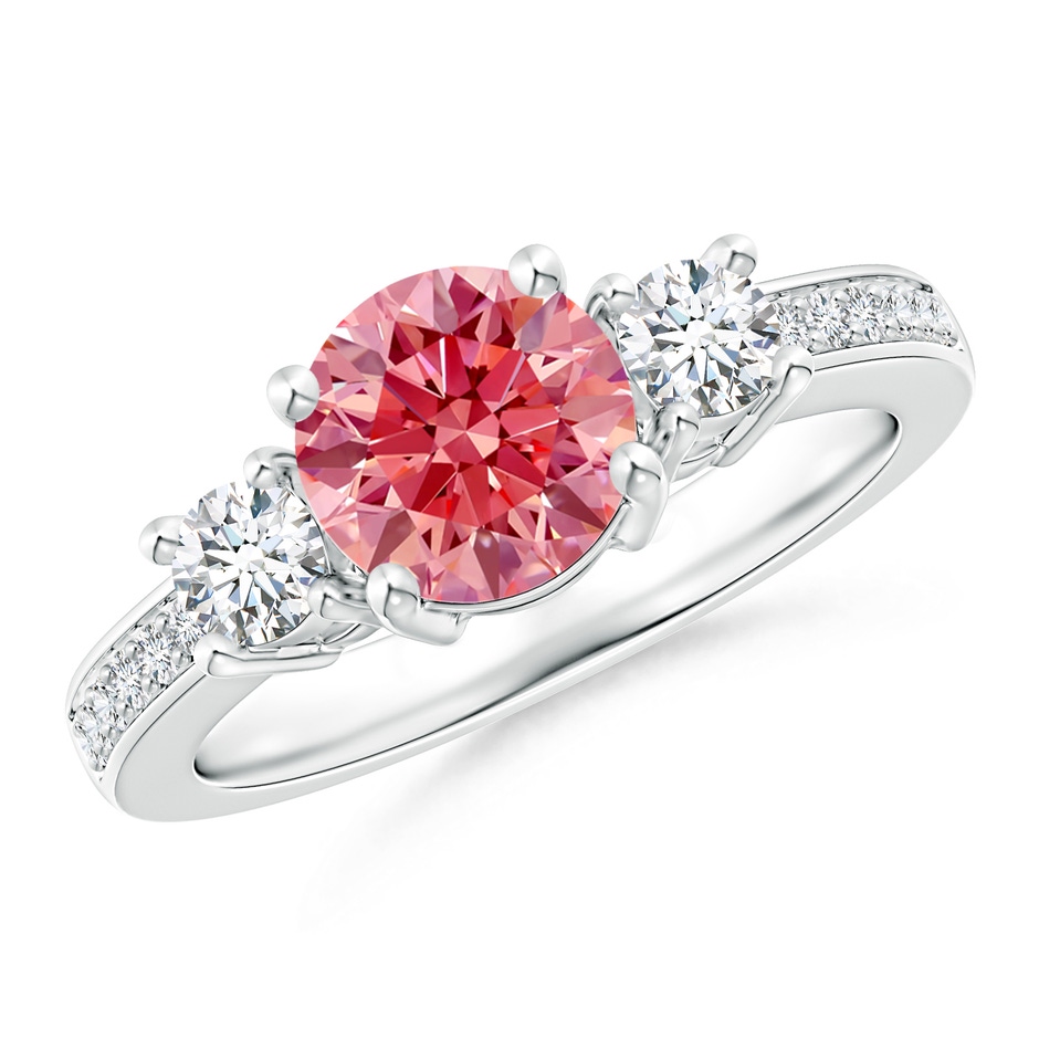 7mm AAAA Classic Three Stone Fancy Intense Pink and White Diamond Ring in P950 Platinum 