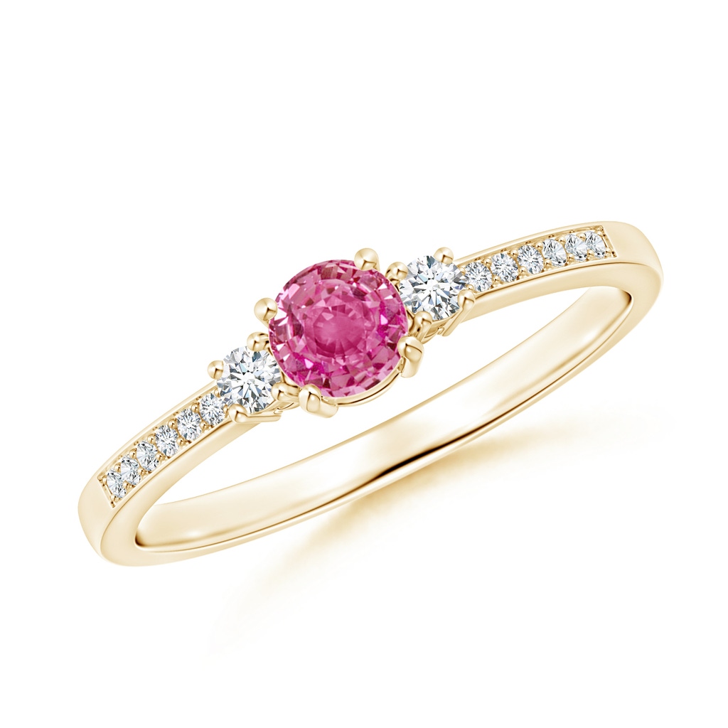 4mm AAA Classic Three Stone Pink Sapphire and Diamond Ring in 10K Yellow Gold