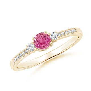 4mm AAA Classic Three Stone Pink Sapphire and Diamond Ring in Yellow Gold