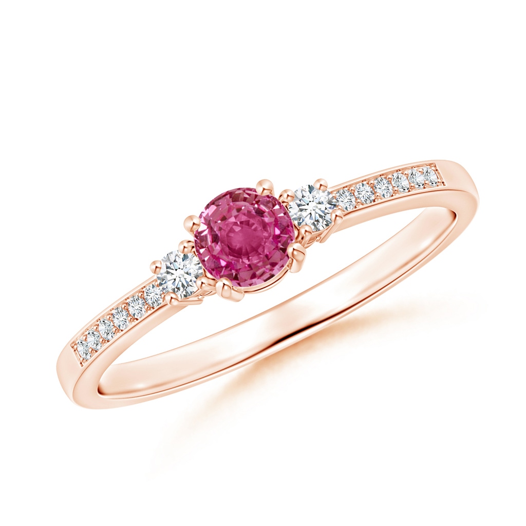 4mm AAAA Classic Three Stone Pink Sapphire and Diamond Ring in Rose Gold