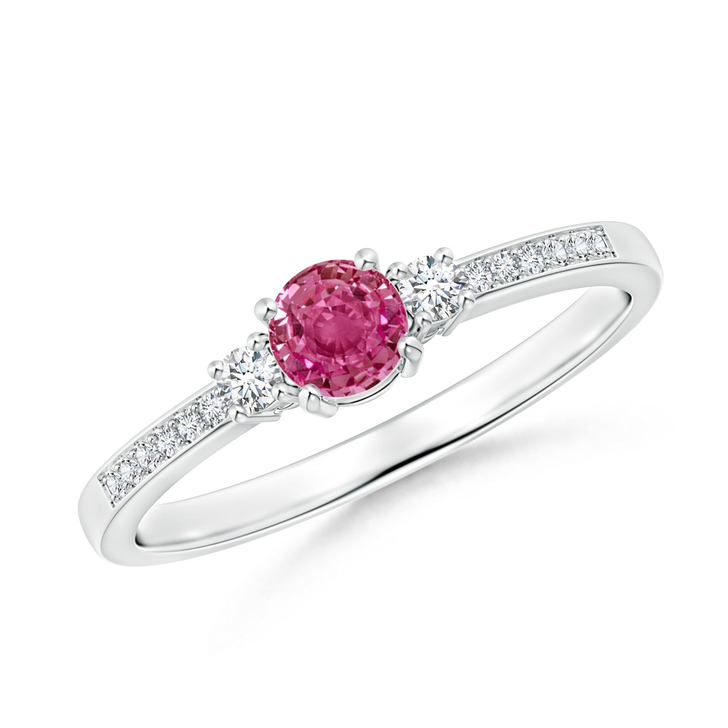 4mm AAAA Classic Three Stone Pink Sapphire and Diamond Ring in White Gold