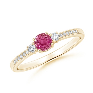 4mm AAAA Classic Three Stone Pink Sapphire and Diamond Ring in Yellow Gold