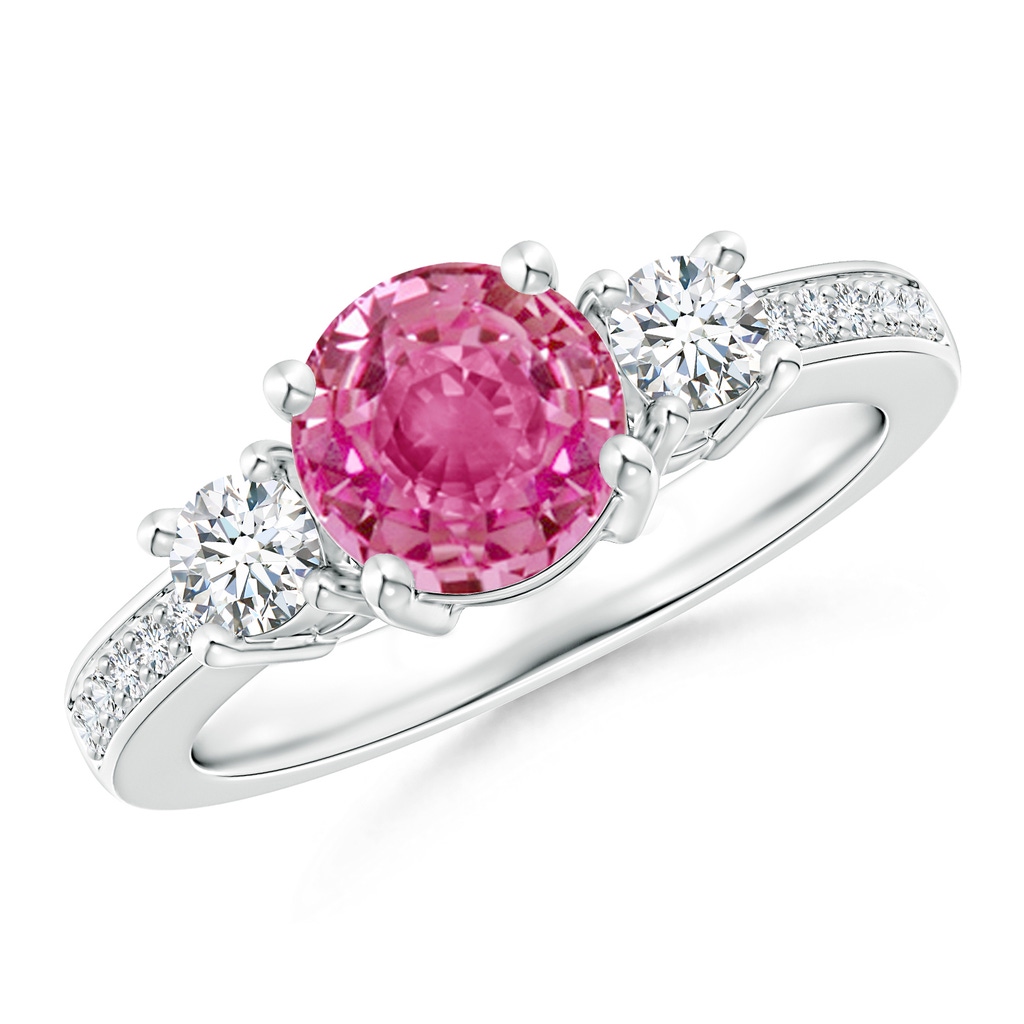 7mm AAA Classic Three Stone Pink Sapphire and Diamond Ring in White Gold