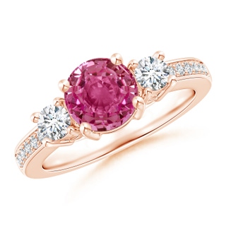 7mm AAAA Classic Three Stone Pink Sapphire and Diamond Ring in Rose Gold
