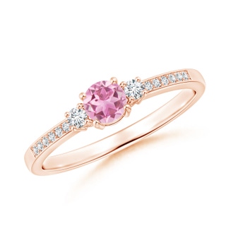 4mm AA Classic Three Stone Pink Tourmaline and Diamond Ring in Rose Gold