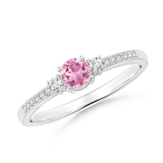 4mm AA Classic Three Stone Pink Tourmaline and Diamond Ring in White Gold
