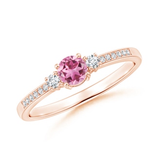 4mm AAA Classic Three Stone Pink Tourmaline and Diamond Ring in Rose Gold
