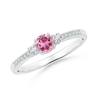 4mm AAA Classic Three Stone Pink Tourmaline and Diamond Ring in White Gold
