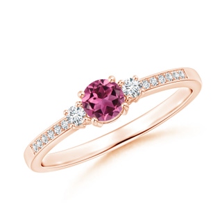 4mm AAAA Classic Three Stone Pink Tourmaline and Diamond Ring in 9K Rose Gold