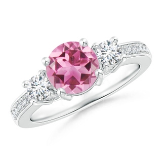 7mm AAA Classic Three Stone Pink Tourmaline and Diamond Ring in P950 Platinum