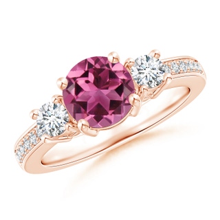 7mm AAAA Classic Three Stone Pink Tourmaline and Diamond Ring in 9K Rose Gold