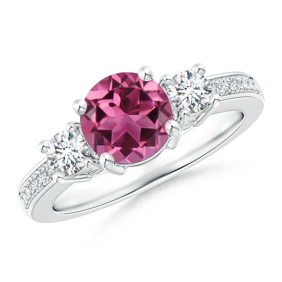 7mm AAAA Classic Three Stone Pink Tourmaline and Diamond Ring in White Gold 