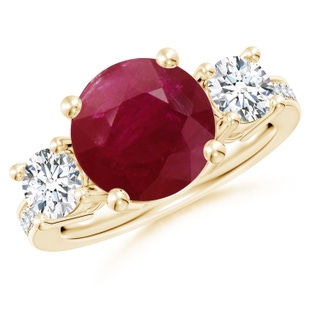 10mm A Classic Three Stone Ruby and Diamond Ring in 10K Yellow Gold