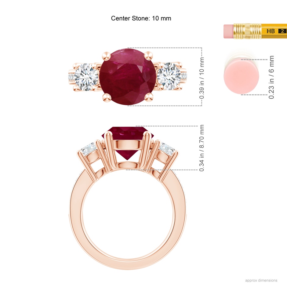 10mm A Classic Three Stone Ruby and Diamond Ring in Rose Gold ruler